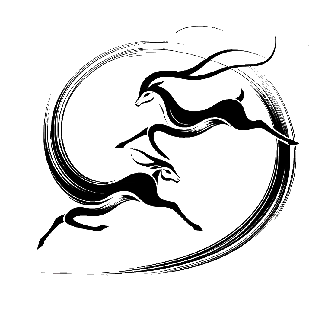 un dibujo de dos gacelas saltando en direcciones opuestas representando el tema de Desunión en blanco y negro.