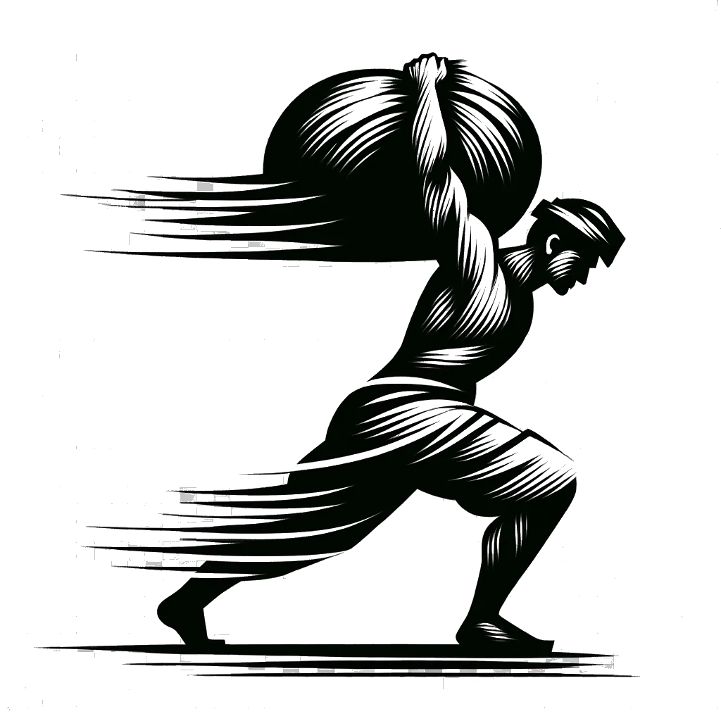 un dibujo de un hombre fuerte cargando un objeto pesado representando el tema de Determinación en blanco y negro.