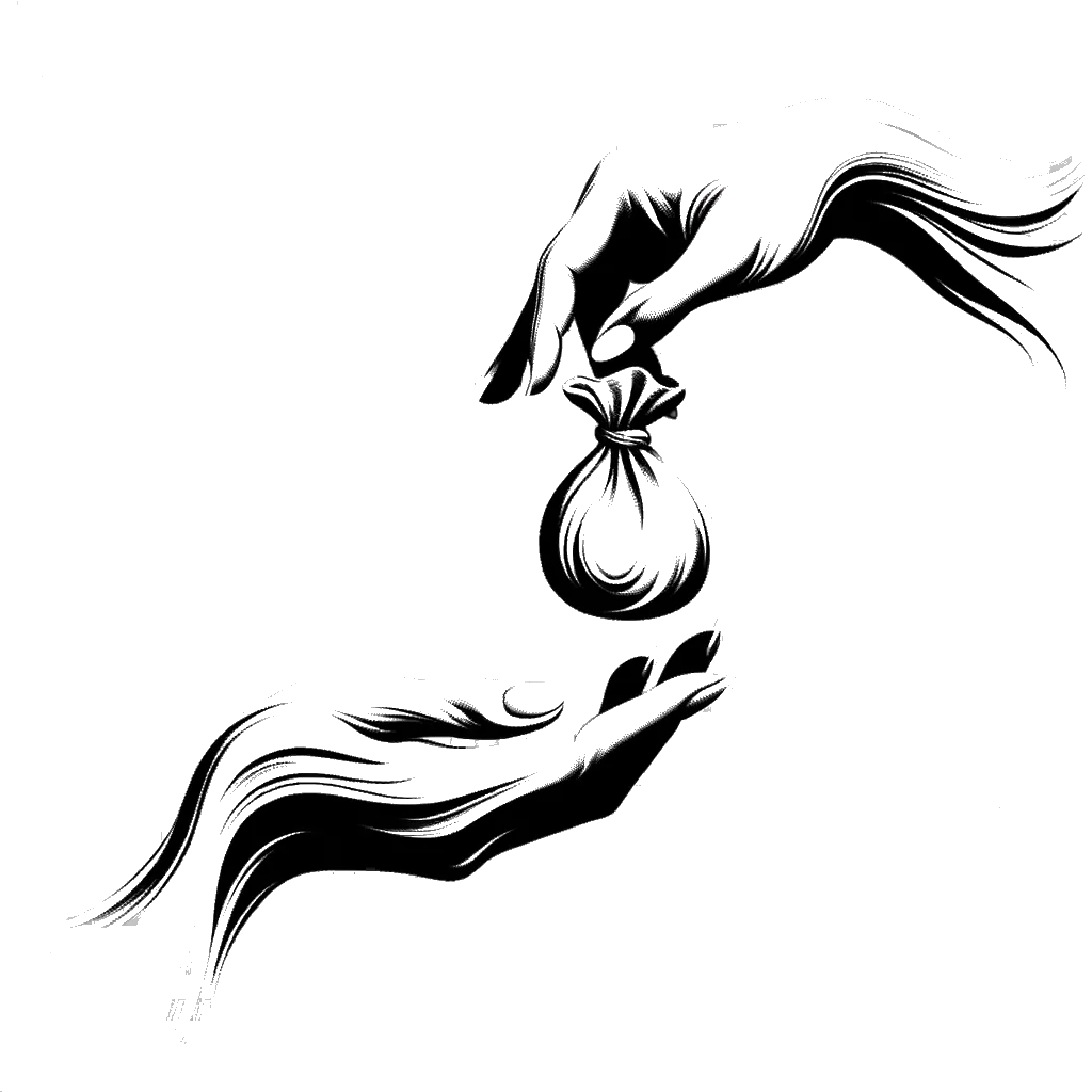 un dibujo de una mano colocando una bolsa de dinero en la mano de otra persona representando el tema de Deuda en blanco y negro.