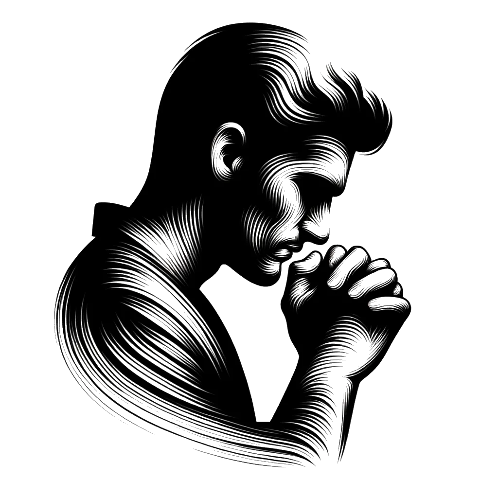 un dibujo de un hombre orando representando el tema de Devoción en blanco y negro.