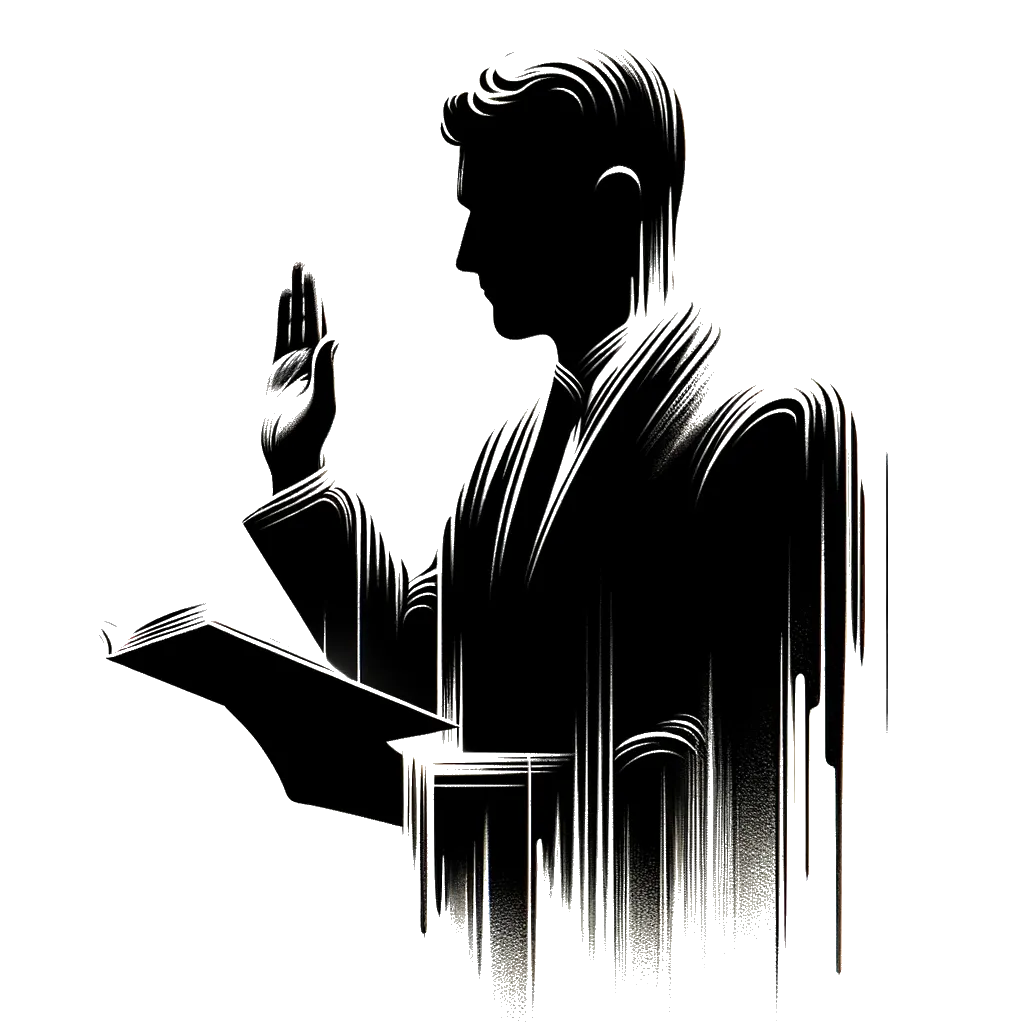 un dibujo de un hombre prestando juramento con una mano hacia adelante y la otra mano sobre un libro representando el tema de Diciendo la Verdad en blanco y negro.