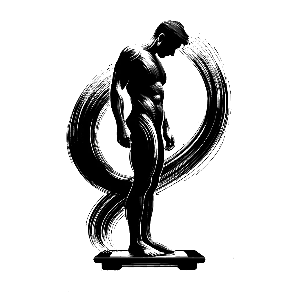 un dibujo de una persona pesándose representando el tema de Dieta en blanco y negro.