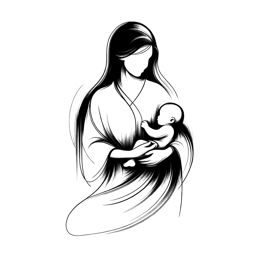 un dibujo de una madre vestida con su bebé representando el tema de Diezmar en blanco y negro.