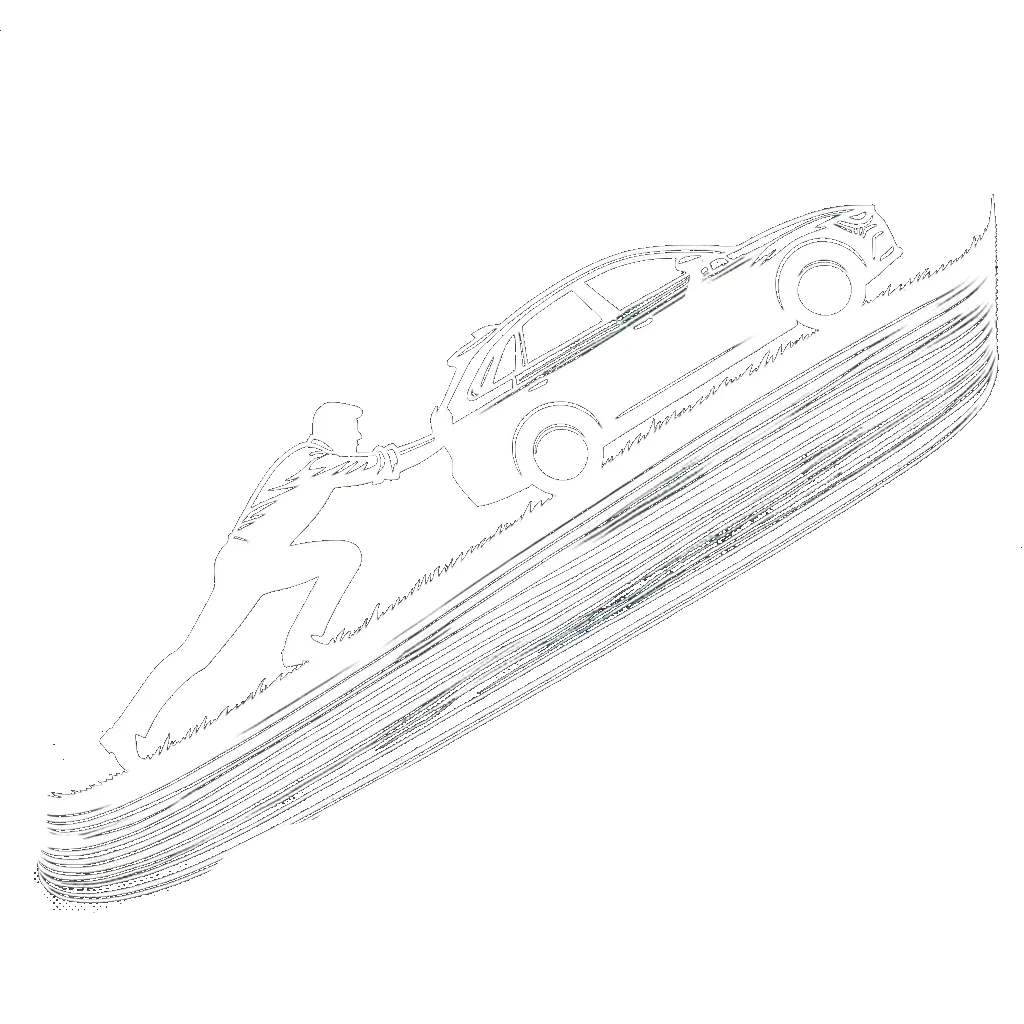 un dibujo de un hombre empujando un coche desde atrás cuesta arriba representando el tema de Dificultades en blanco y negro.