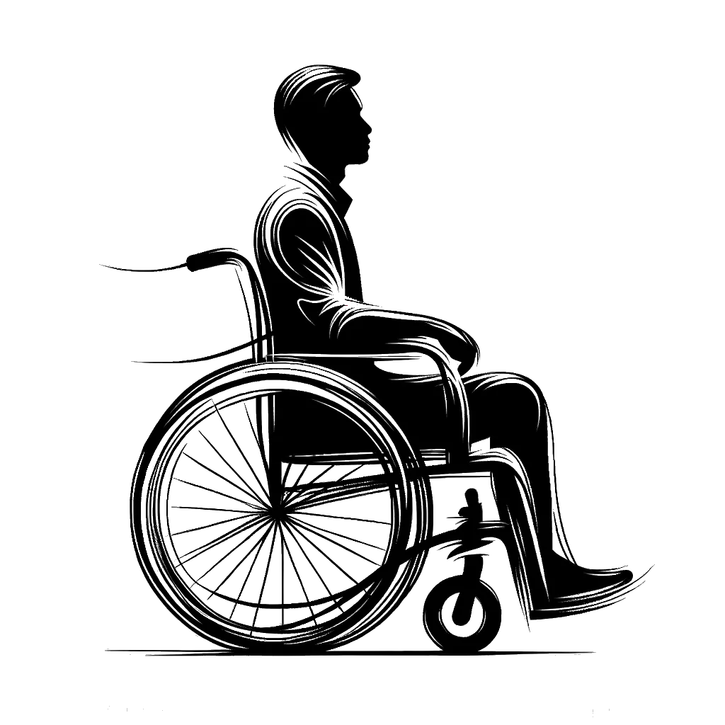 un dibujo de un hombre en silla de ruedas representando el tema de Discapacidad en blanco y negro.