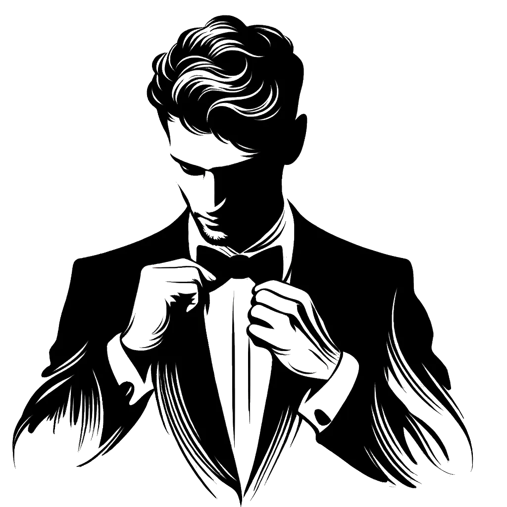 un dibujo de un hombre con traje de noche formal ajustando su corbata de moño representando el tema de Discernimiento en blanco y negro.