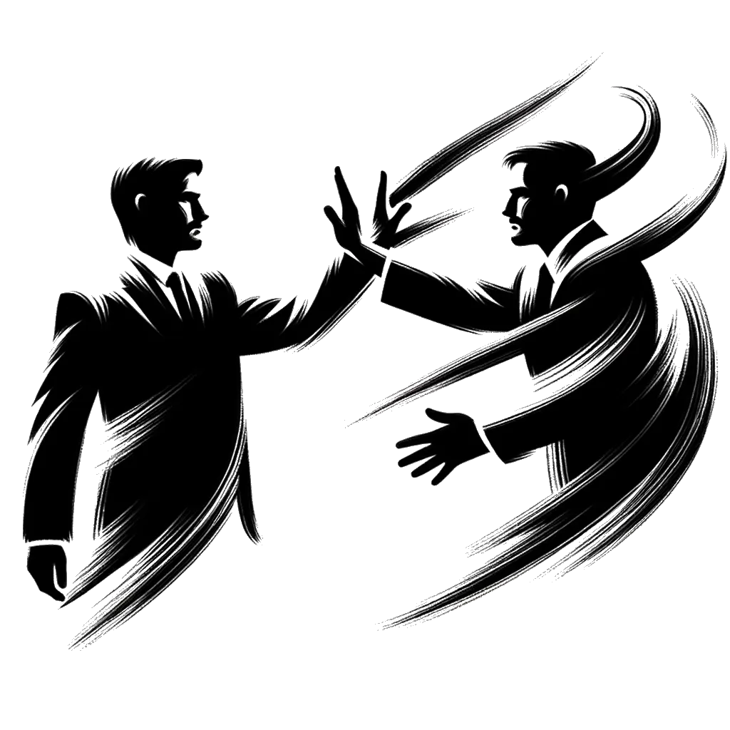 un dibujo de un hombre levantando la mano para decir que no a otro hombre representando el tema de Discriminación en blanco y negro.