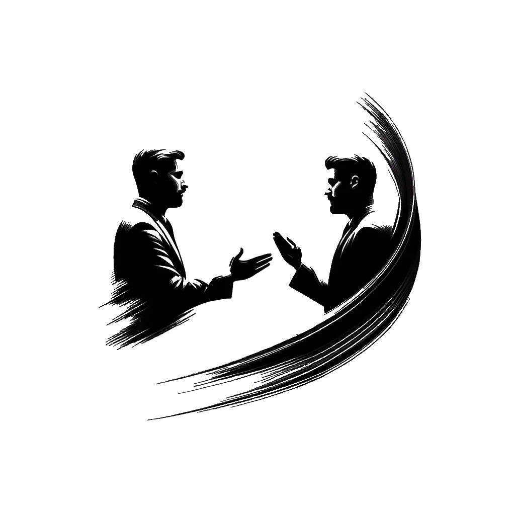 un dibujo de Un hombre disculpándose con otro hombre. representando el tema de Disculpándose en blanco y negro.