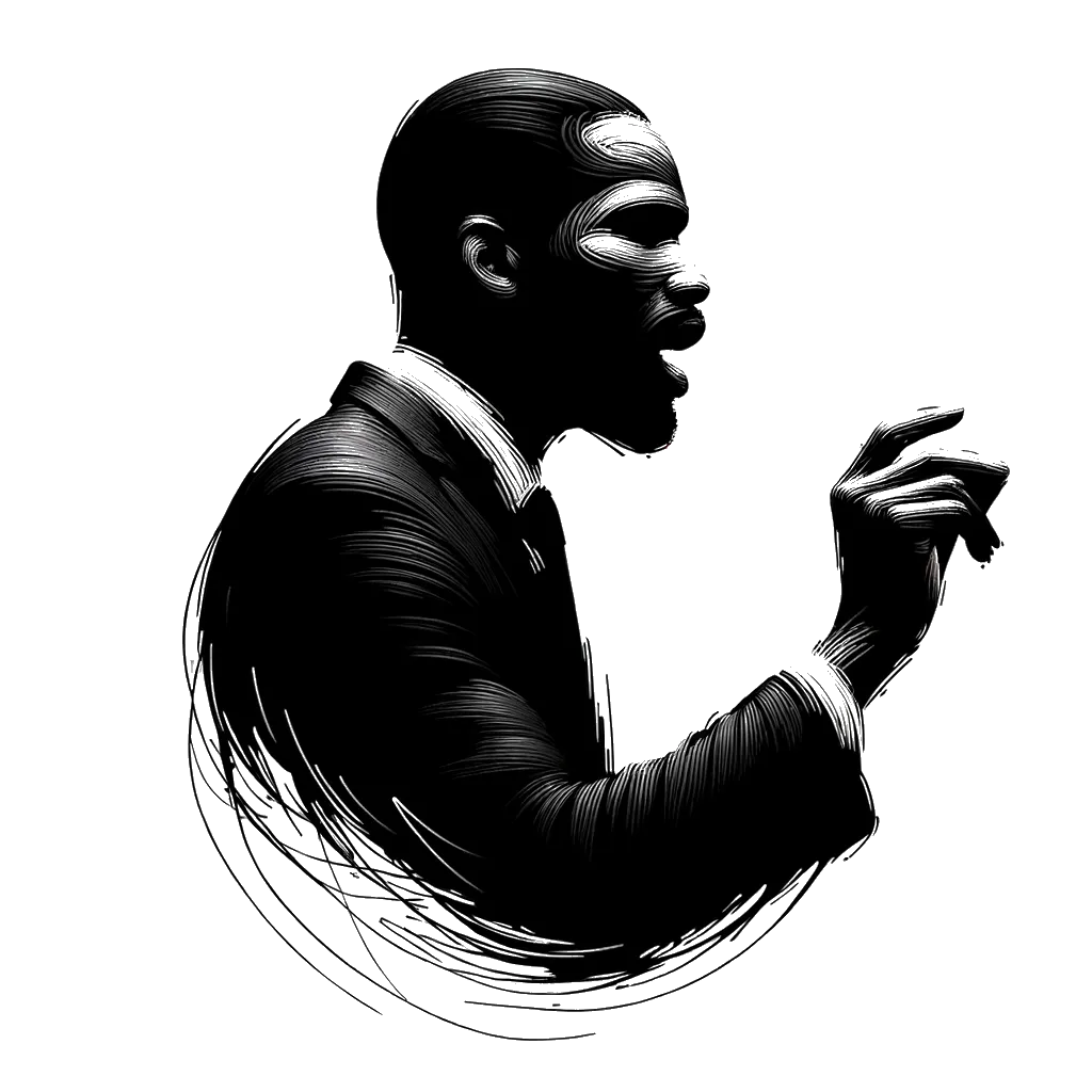 un dibujo de un hombre dando un discurso representando el tema de Discurso en blanco y negro.