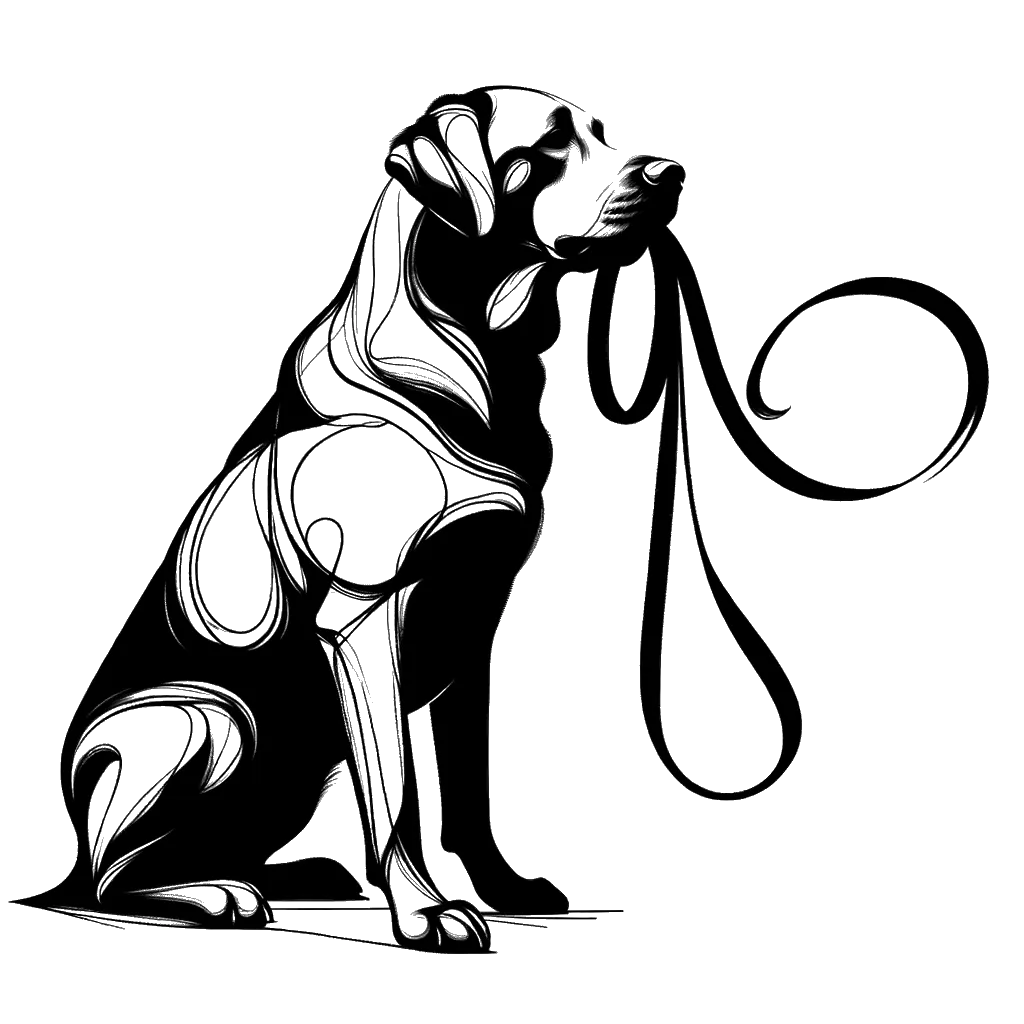 un dibujo de Un perro labrador sosteniendo su correa en la boca como si estuviera pidiendo salir a pasear. representando el tema de Disponibilidad en blanco y negro.