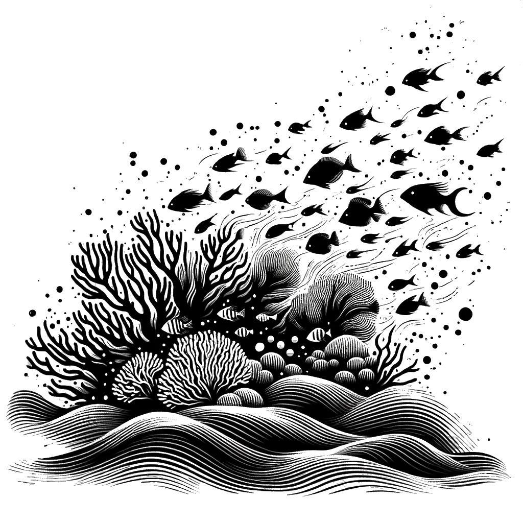 un dibujo de cinco peces de arrecife de coral muy diferentes representando el tema de Diversidad en blanco y negro.
