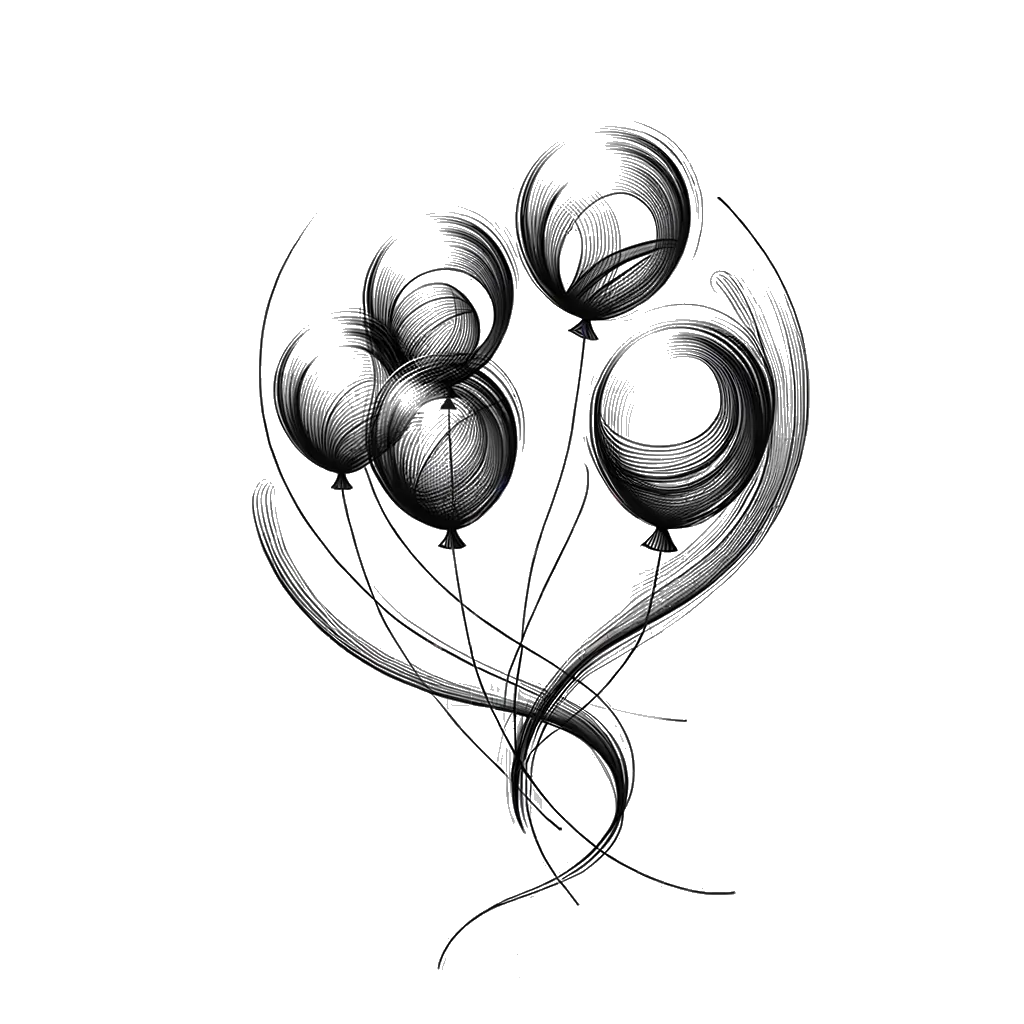 un dibujo de cinco globos de fiesta representando el tema de Divertirse en blanco y negro.