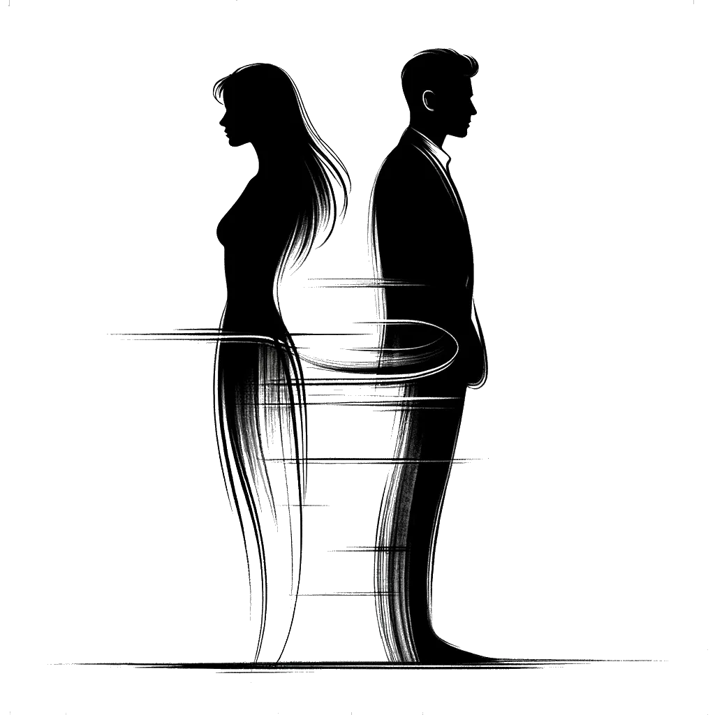 un dibujo de una mujer y un hombre de pie espalda con espalda representando el tema de Divorcio en blanco y negro.