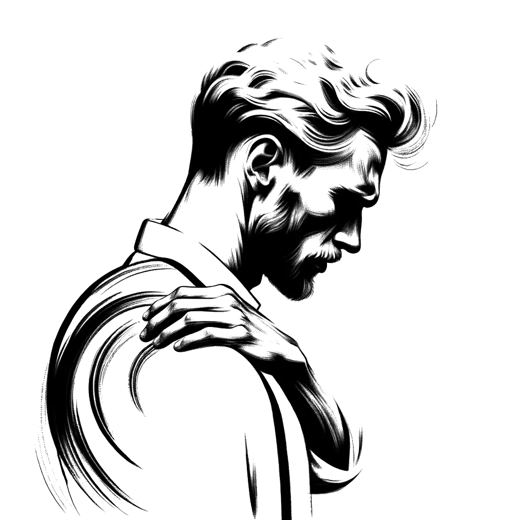 un dibujo de un hombre rubio sosteniéndose la espalda con dolor representando el tema de Dolor en blanco y negro.