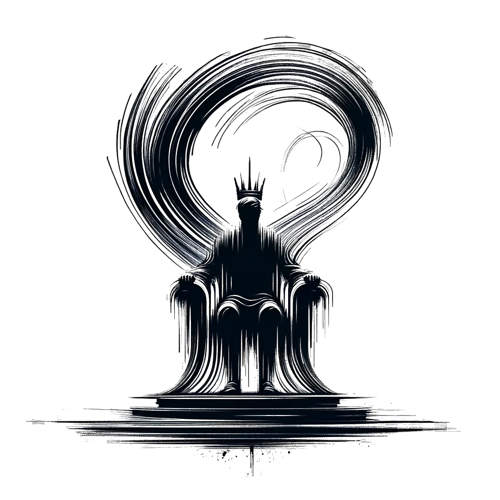 un dibujo de un rey llevando una corona en un trono representando el tema de Dominio en blanco y negro.