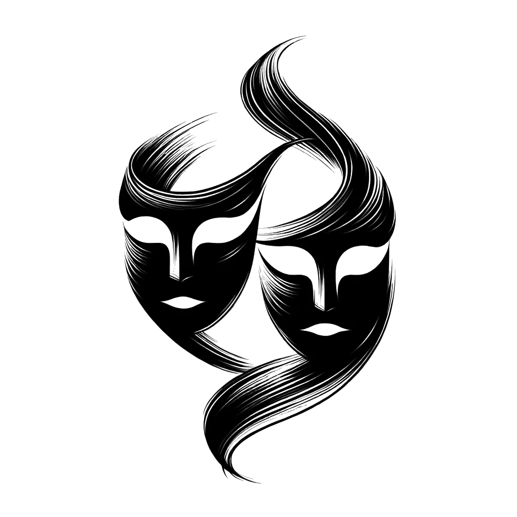 un dibujo de dos máscaras de teatro, una feliz y una triste representando el tema de Drama en blanco y negro.