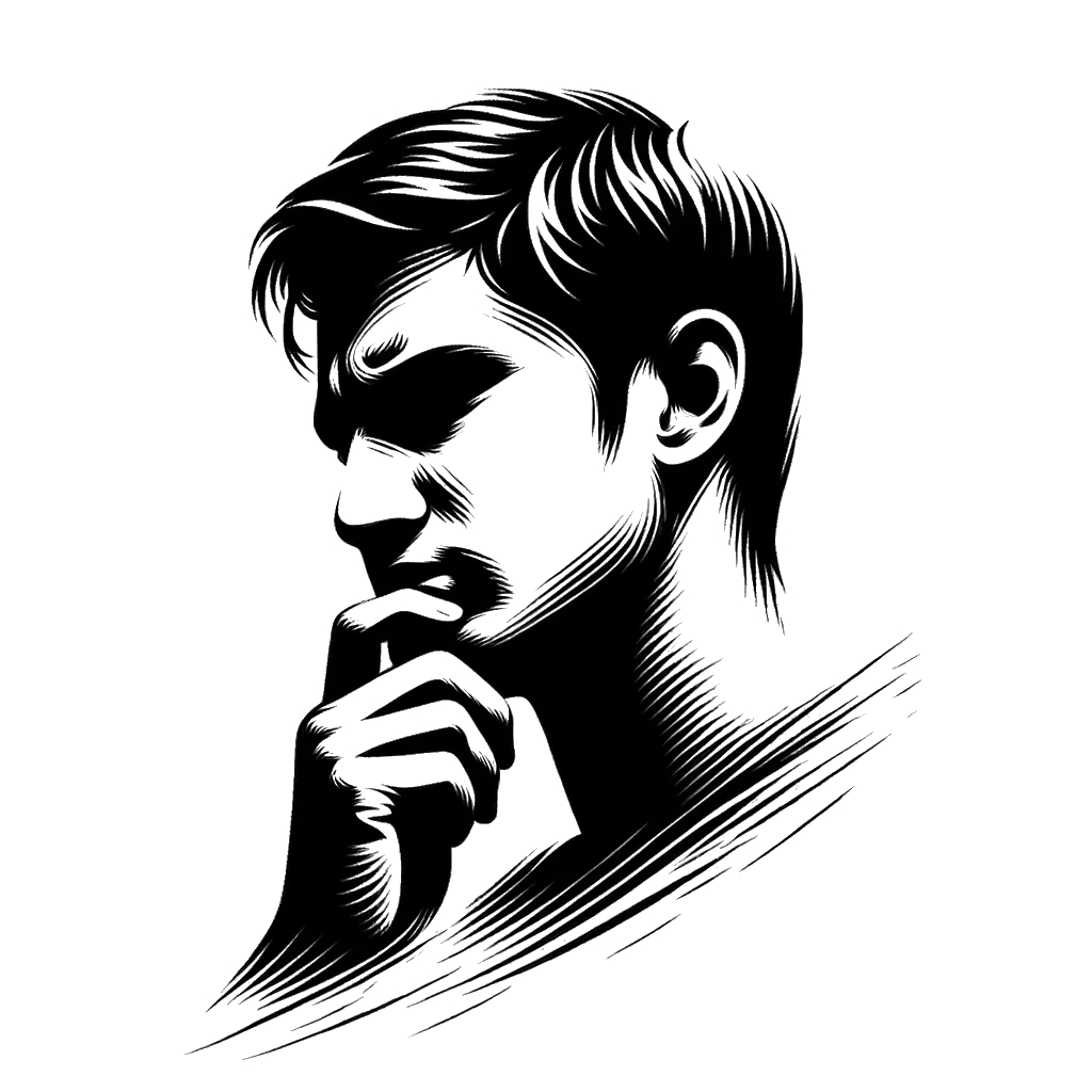 un dibujo de Un hombre se rasca la barbilla como si estuviera dudando. representando el tema de Duda en blanco y negro.