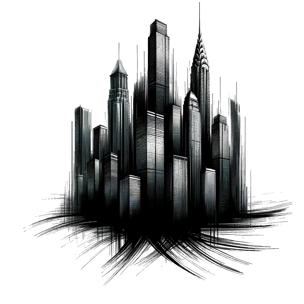 un dibujo de un grupo de rascacielos representando el tema de Economía en blanco y negro.