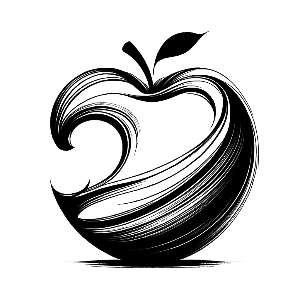 un dibujo de una manzana con un mordisco representando el tema de Edén en blanco y negro.
