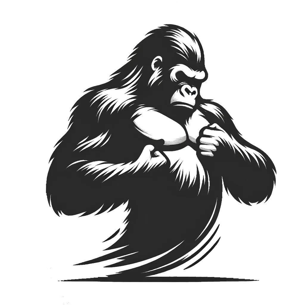 un dibujo de un gorila golpeándose el pecho representando el tema de Ego en blanco y negro.