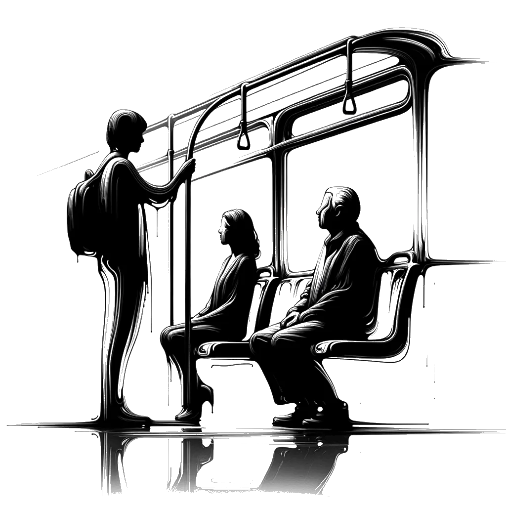 un dibujo de Un adolescente varón estaba sentado en un asiento de autobús mientras dos personas mayores estaban de pie sosteniéndose. representando el tema de Egocentrismo en blanco y negro.