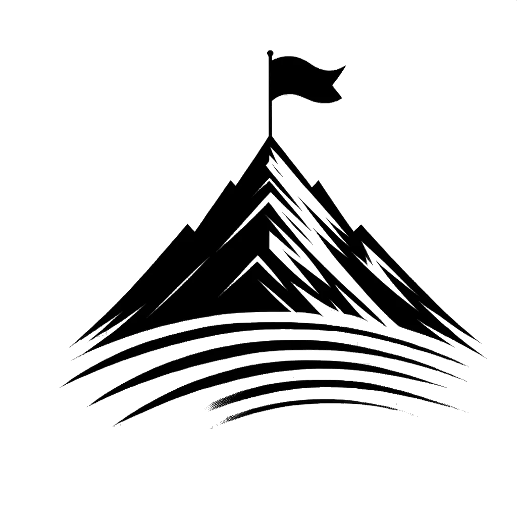 un dibujo de una montaña con una bandera en la cima representando el tema de Elevación en blanco y negro.
