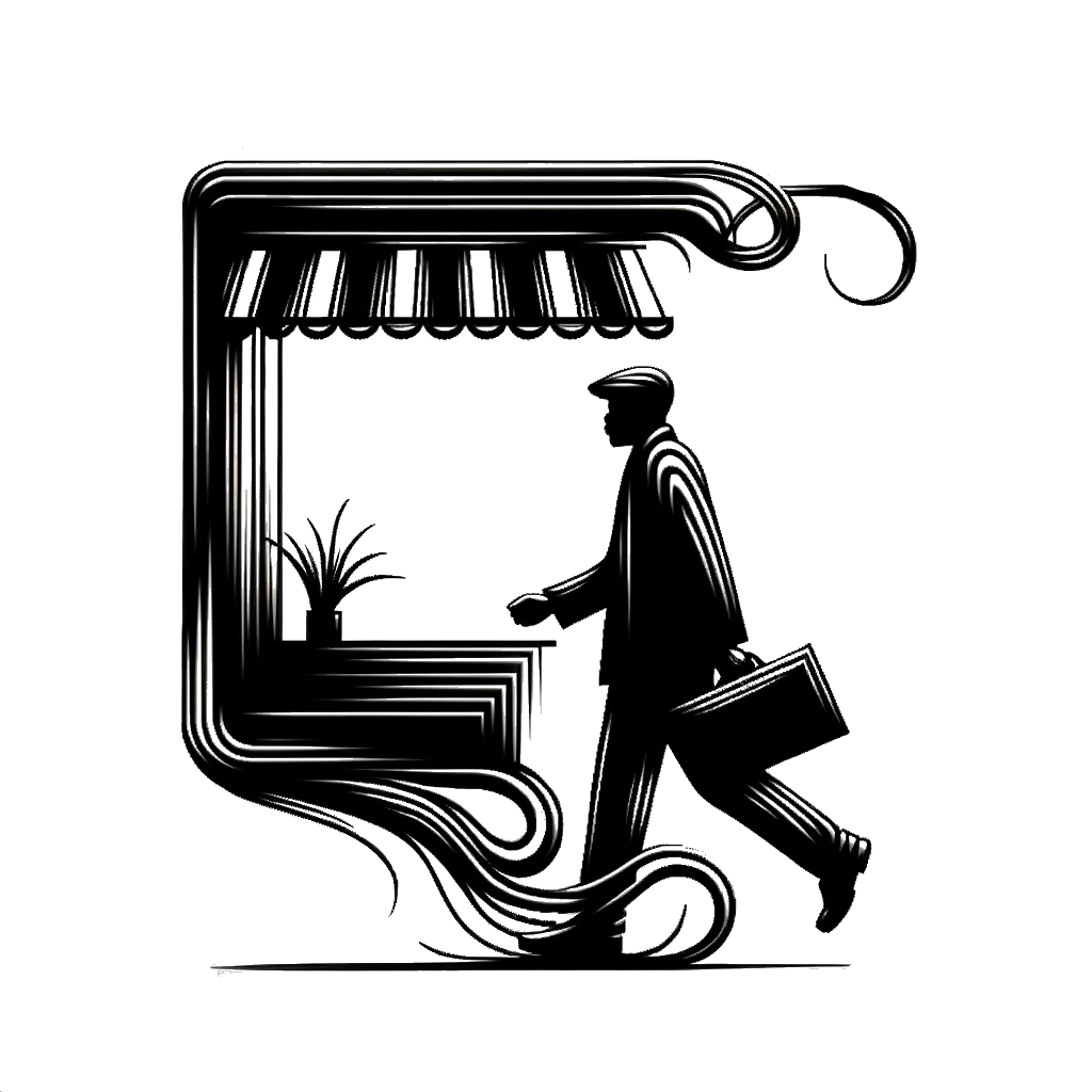 un dibujo de un hombre entrando a una tienda representando el tema de Empleo en blanco y negro.