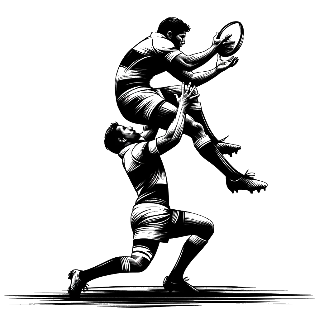 un dibujo de Un jugador de rugby sosteniendo a otro jugador en una touche. representando el tema de Empoderamiento en blanco y negro.