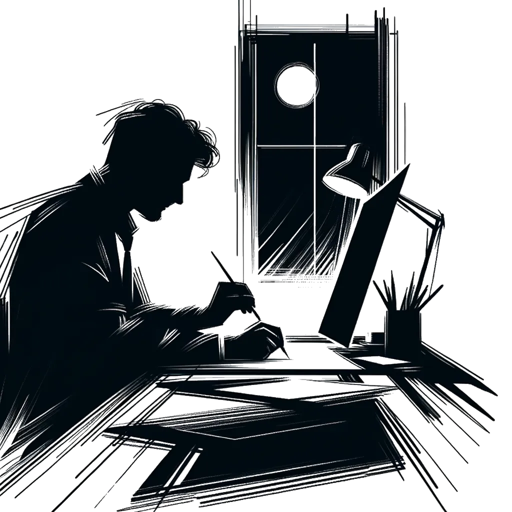 un dibujo de un hombre trabajando en su escritorio hasta altas horas de la noche representando el tema de Emprendimiento en blanco y negro.