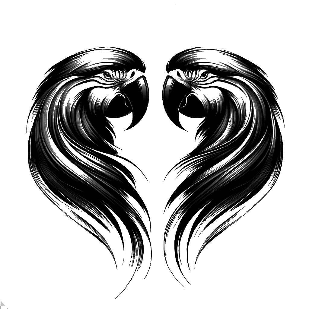 un dibujo de dos guacamayos idénticos mirándose el uno al otro representando el tema de Emulación en blanco y negro.