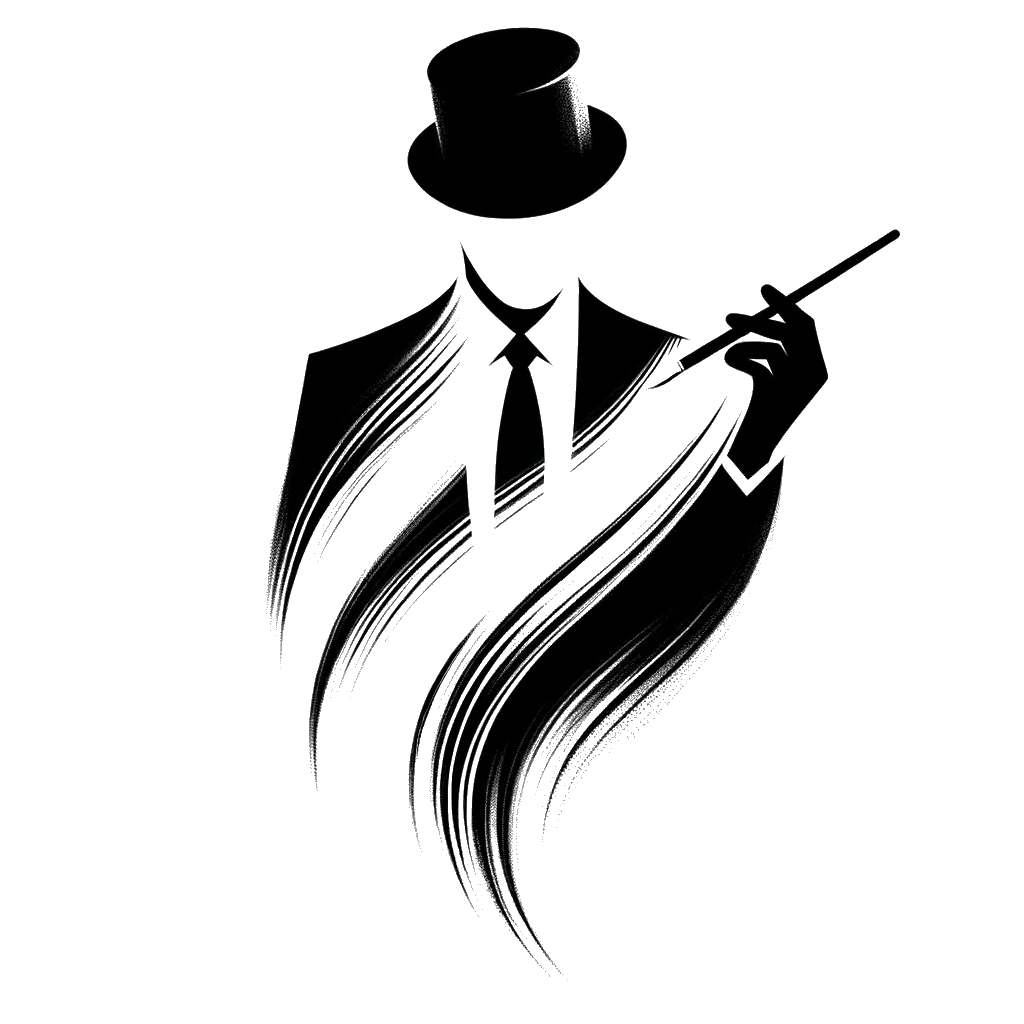 un dibujo de un mago masculino agitando una varita representando el tema de Engañar a la Gente en blanco y negro.