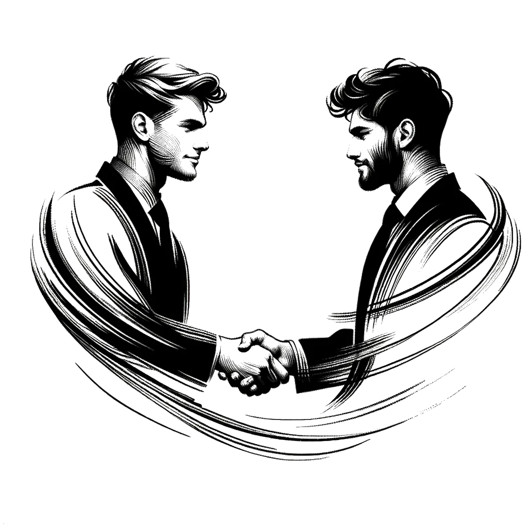 un dibujo de dos hombres estrechando manos representando el tema de Entendimiento en blanco y negro.