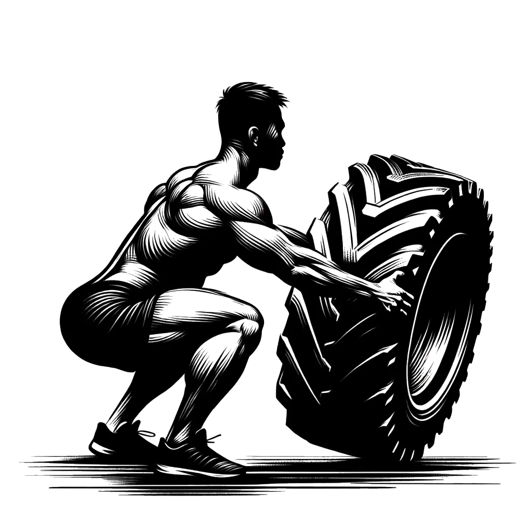 un dibujo de un hombre fuerte volteando una gran rueda de tractor desde una posición de sentadilla representando el tema de Entrenamiento en blanco y negro.