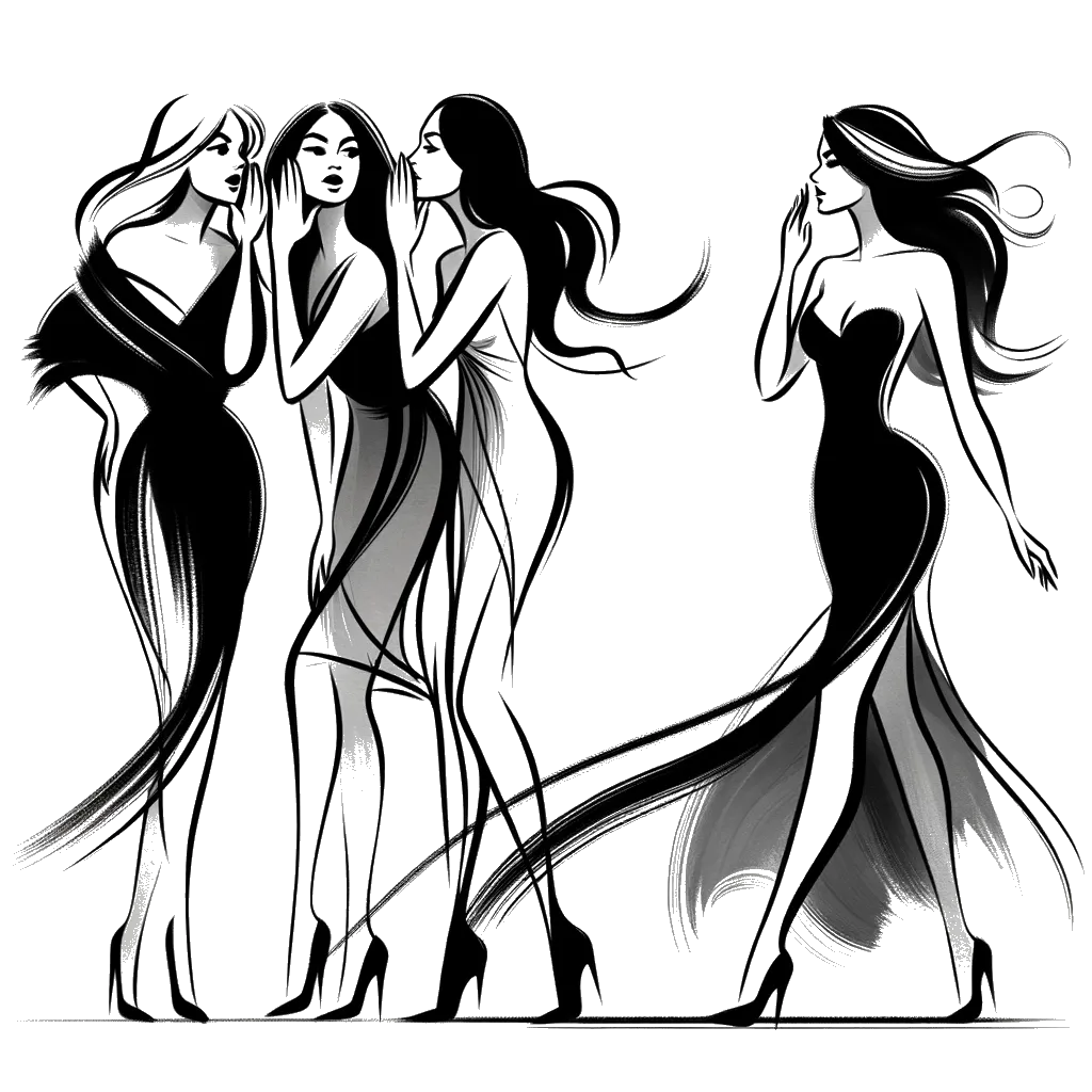 un dibujo de tres mujeres chismoseando mientras una mujer hermosa en un vestido pasa cerca representando el tema de Envidia y los Celos en blanco y negro.