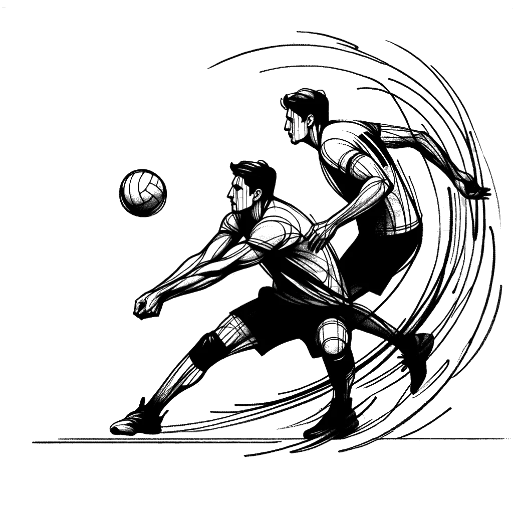 un dibujo de dos jugadores de voleibol masculino preparándose para un remate representando el tema de Equipo en blanco y negro.