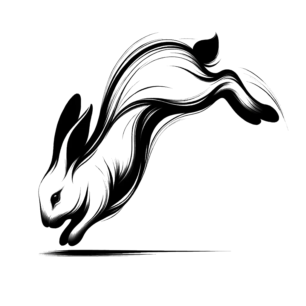 un dibujo de un conejo zambulléndose en su madriguera representando el tema de Escapar en blanco y negro.