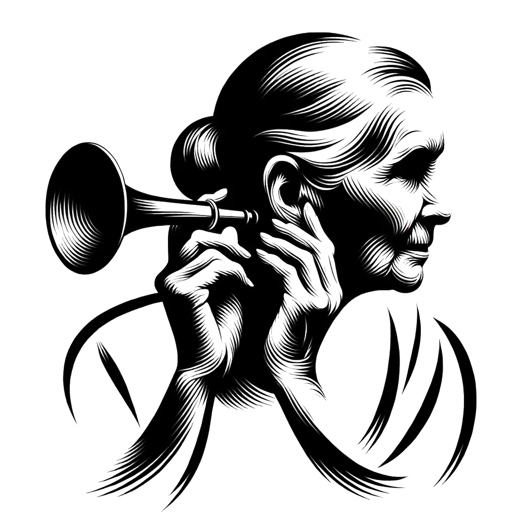 un dibujo de una anciana sosteniendo un audífono en su oído representando el tema de Escuchando en blanco y negro.