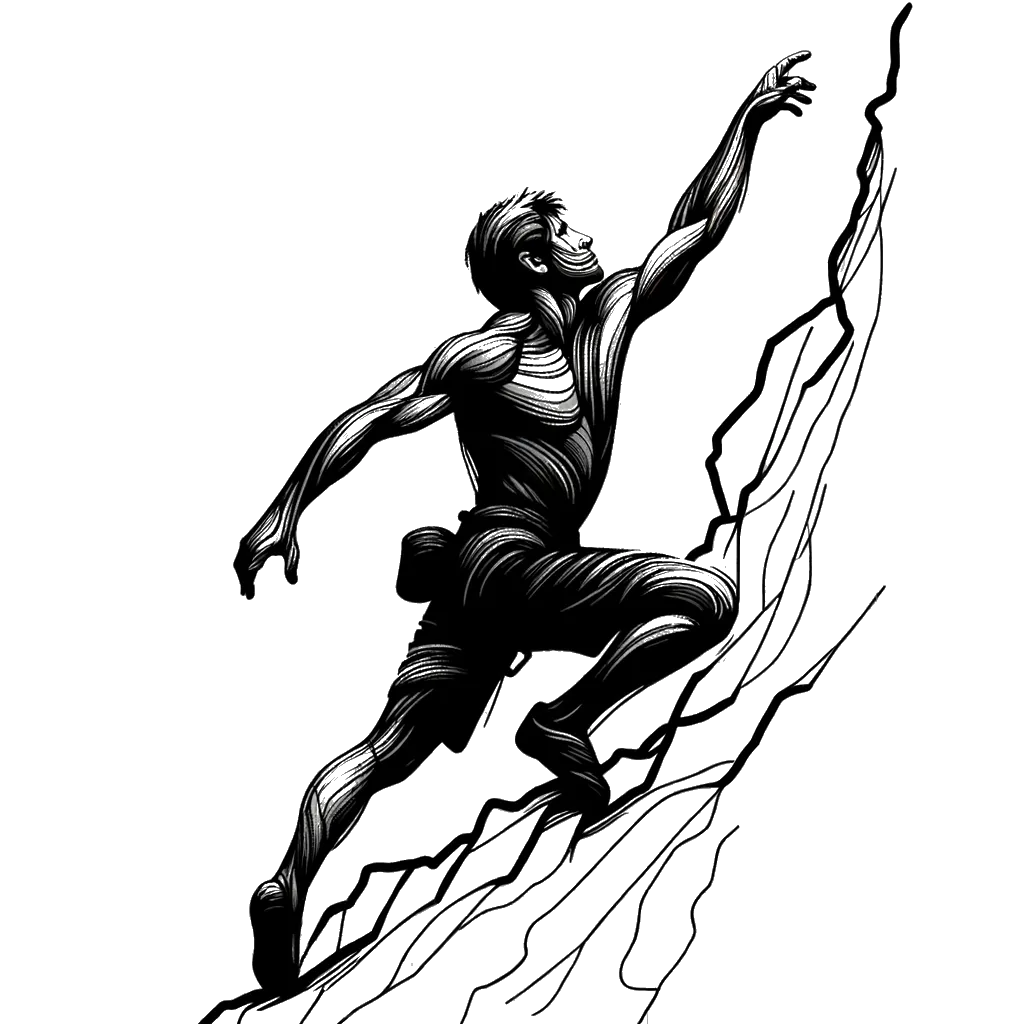 un dibujo de un escalador alcanzando representando el tema de Esforzarse en blanco y negro.