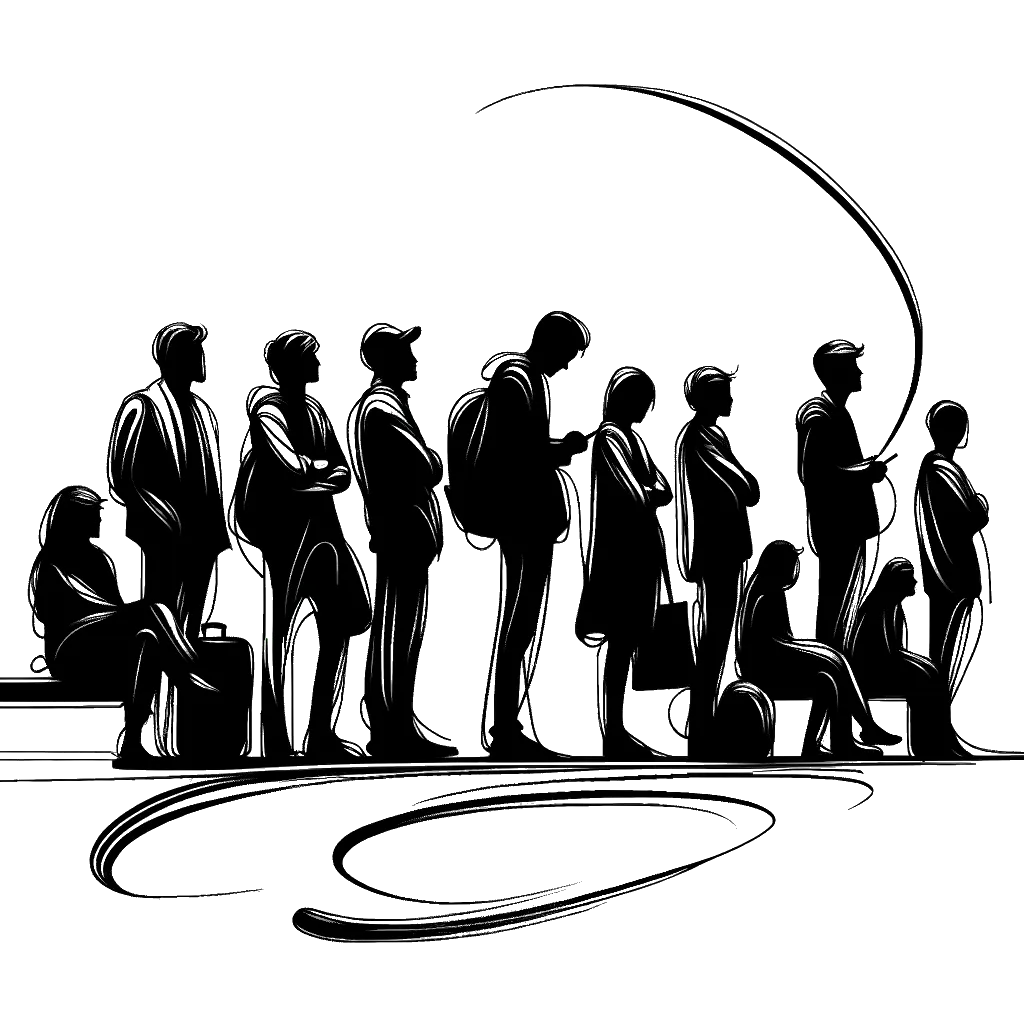 un dibujo de un grupo de personas esperando un autobús representando el tema de Esperando en blanco y negro.