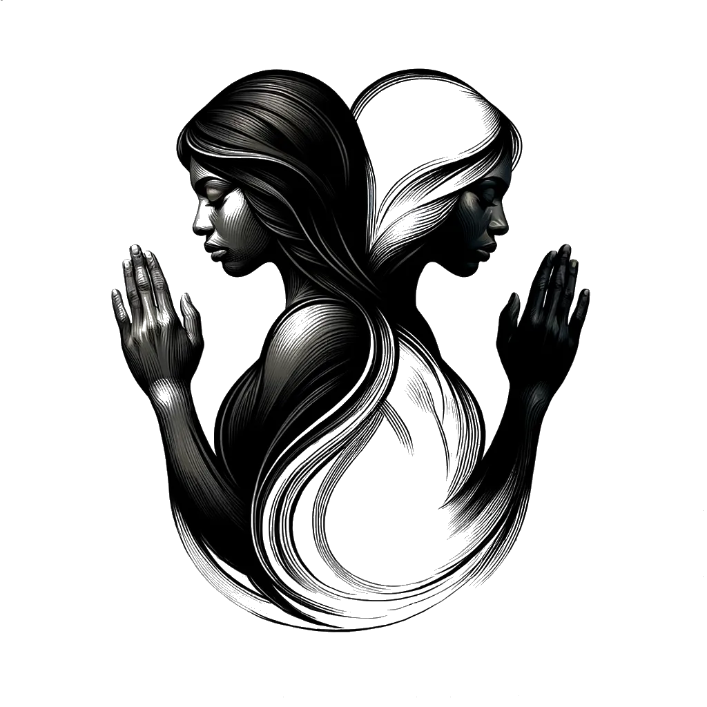 un dibujo de una mujer mayor y otra mujer mayor rezando juntas representando el tema de Espiritualidad en blanco y negro.