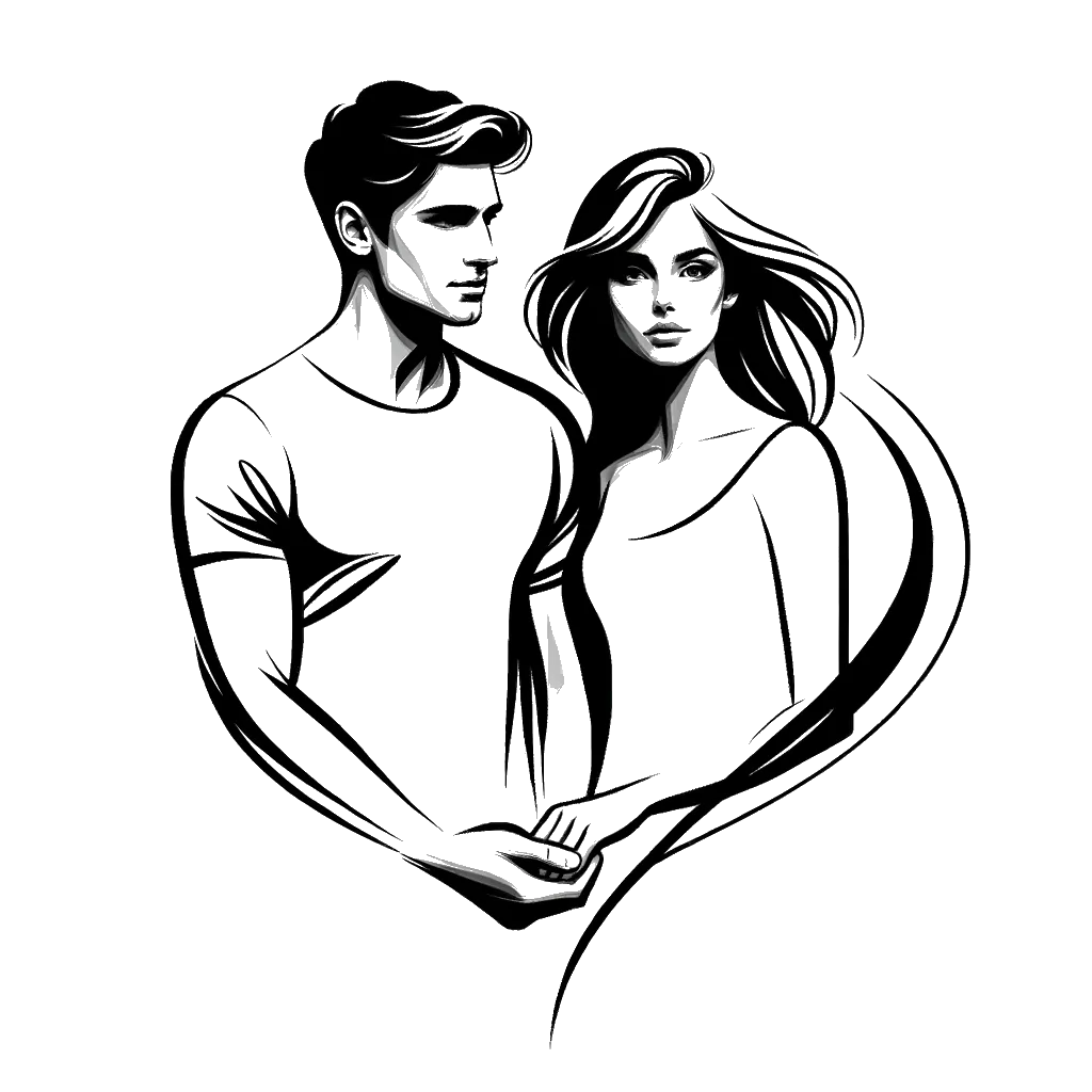 un dibujo de una pareja tomados de la mano, luciendo felices representando el tema de Esposa Virtuosa en blanco y negro.