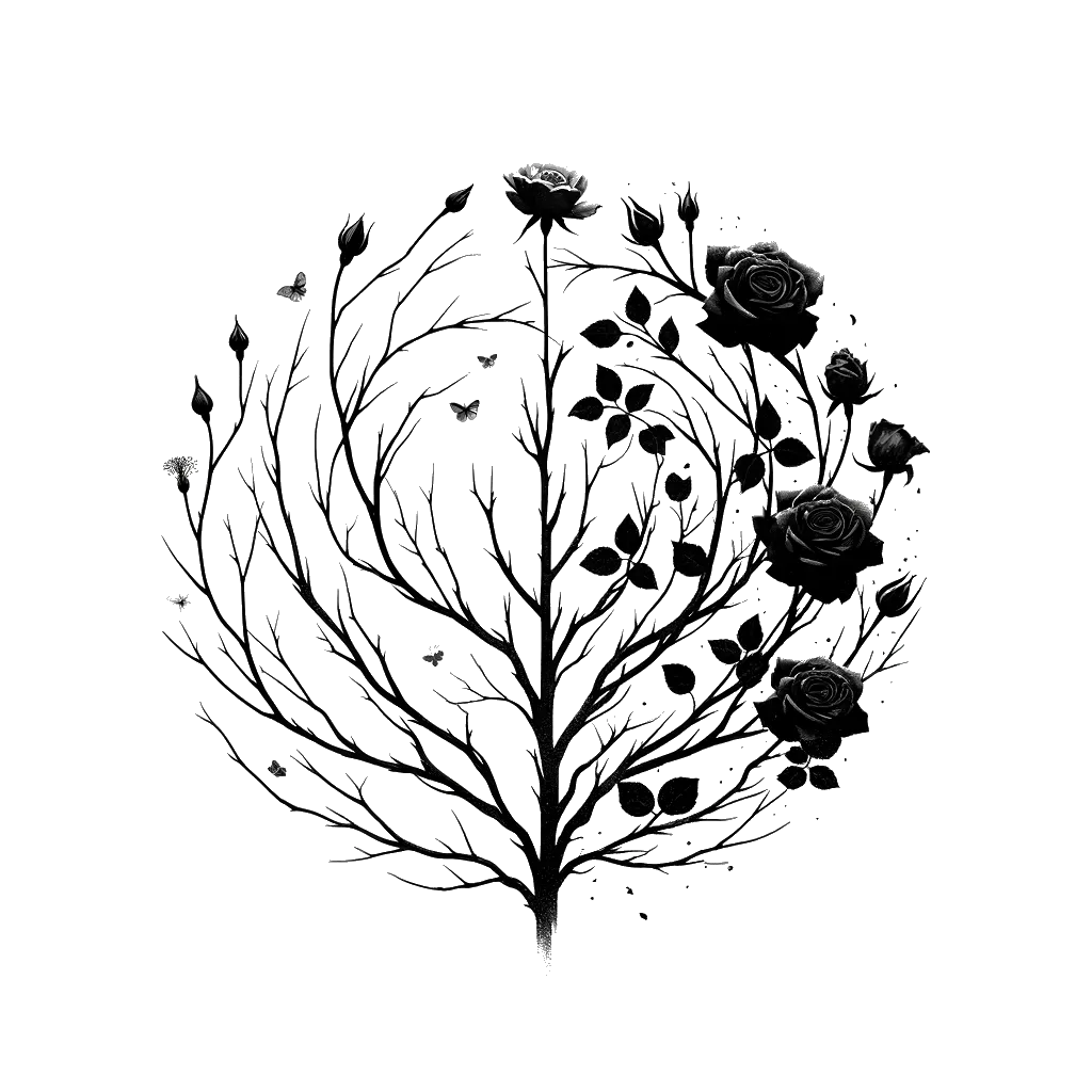un dibujo de un rosal pasando por las cuatro estaciones representando el tema de Estaciones en blanco y negro.