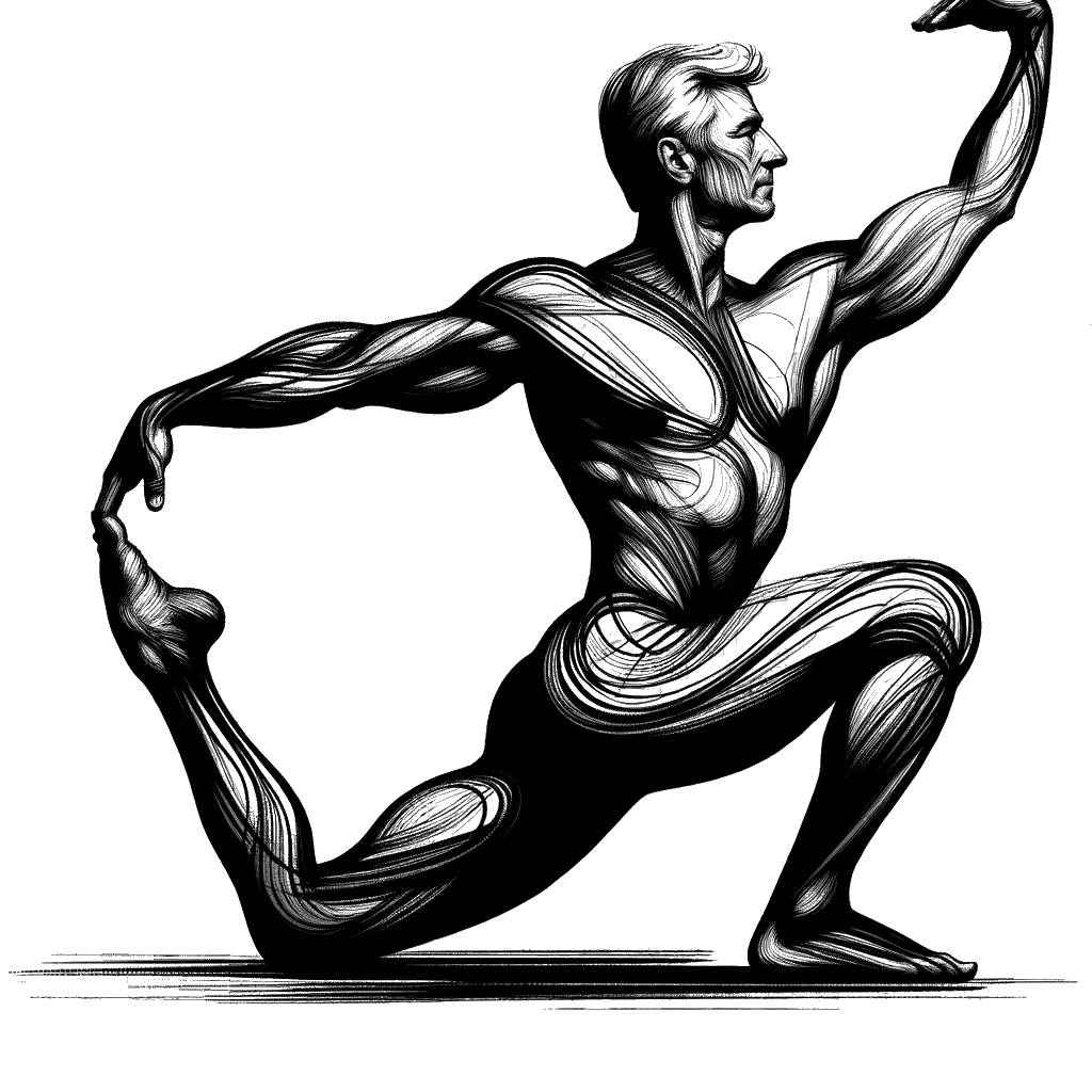 un dibujo de un hombre mayor en buena forma haciendo yoga representando el tema de Estar Bien en blanco y negro.