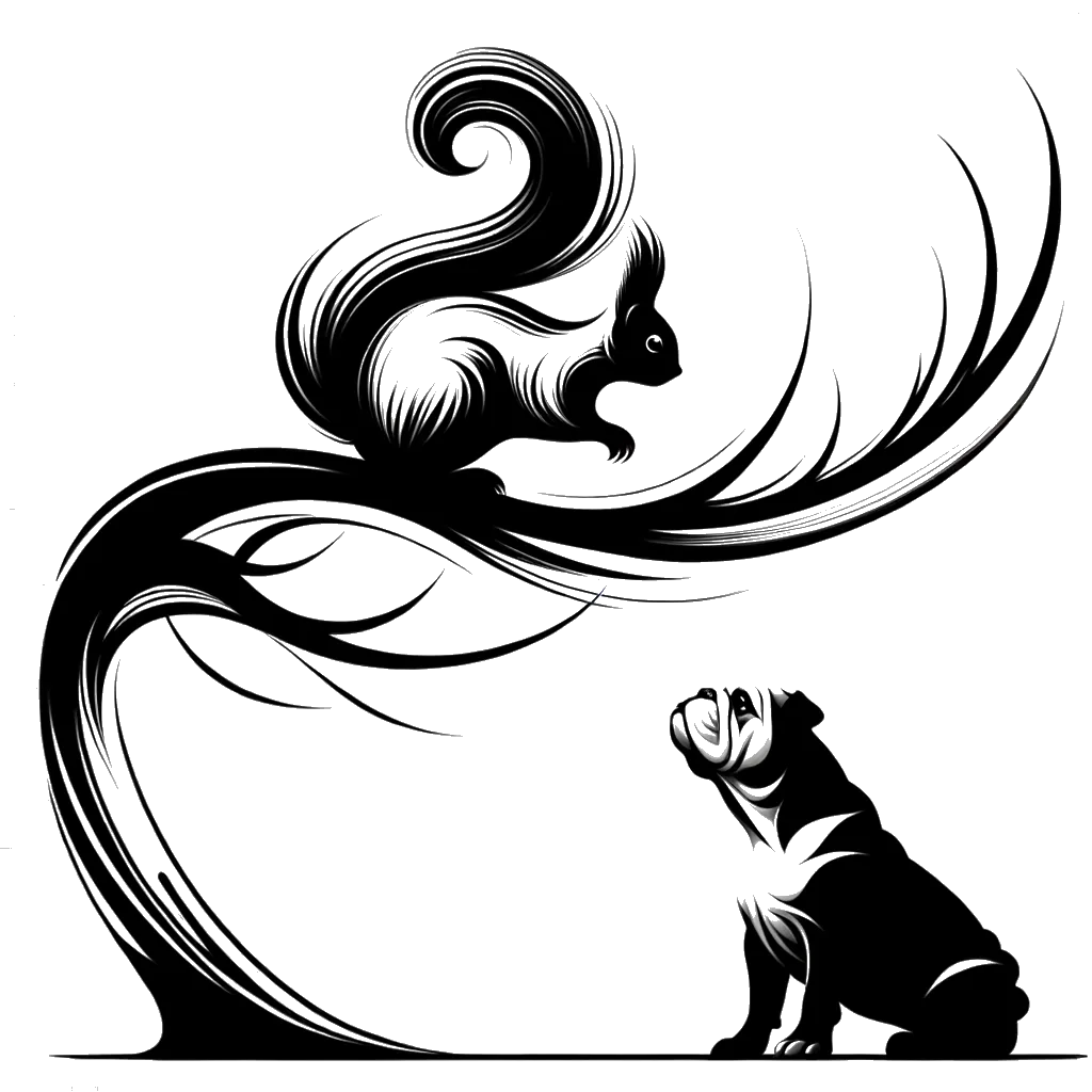 un dibujo de Una ardilla se sentó en un árbol mirando hacia abajo a un bulldog que estaba atacando. representando el tema de Estar Seguridad en blanco y negro.
