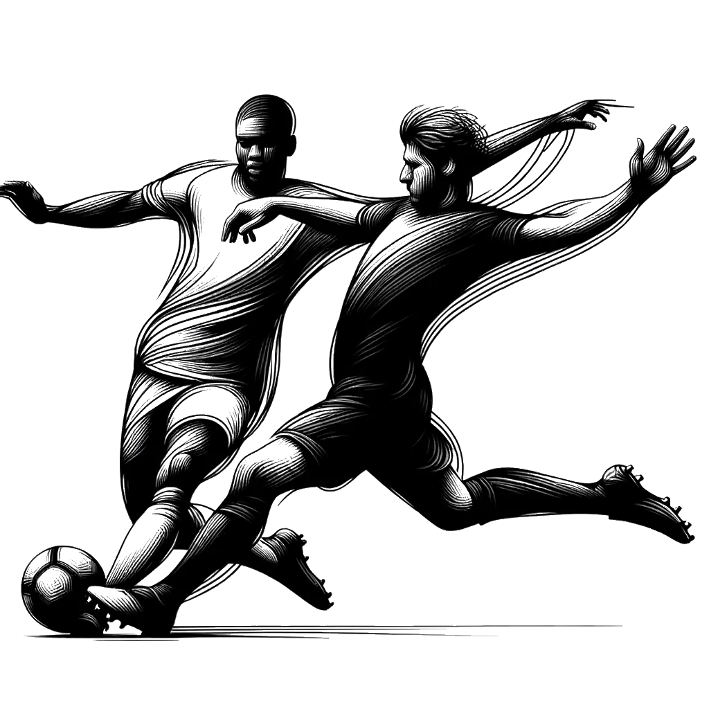 un dibujo de Un jugador de fútbol bloqueando a otro jugador de fútbol. representando el tema de Estorbador en blanco y negro.