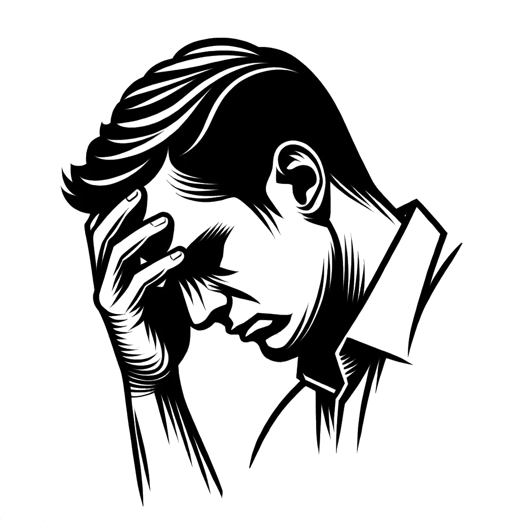 un dibujo de un hombre que parece muy estresado representando el tema de Estrés en blanco y negro.