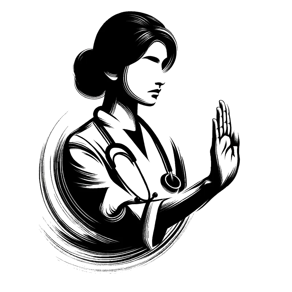 un dibujo de un médico extendiendo la mano para decir que no representando el tema de Ética en blanco y negro.