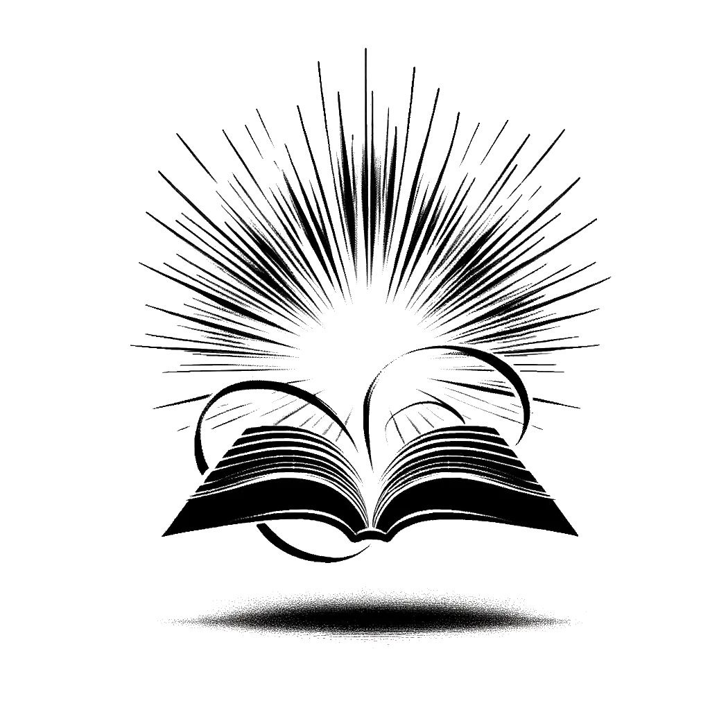 un dibujo de un libro abierto con luz brillando desde él representando el tema de Evangelio en blanco y negro.