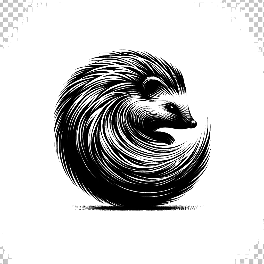 un dibujo de un erizo enrollado en una bola representando el tema de Evitación en blanco y negro.
