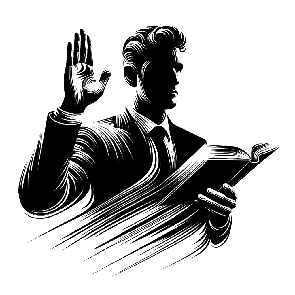 un dibujo de un hombre prestando juramento con una mano hacia adelante y la otra mano sobre un libro representando el tema de Examen en blanco y negro.